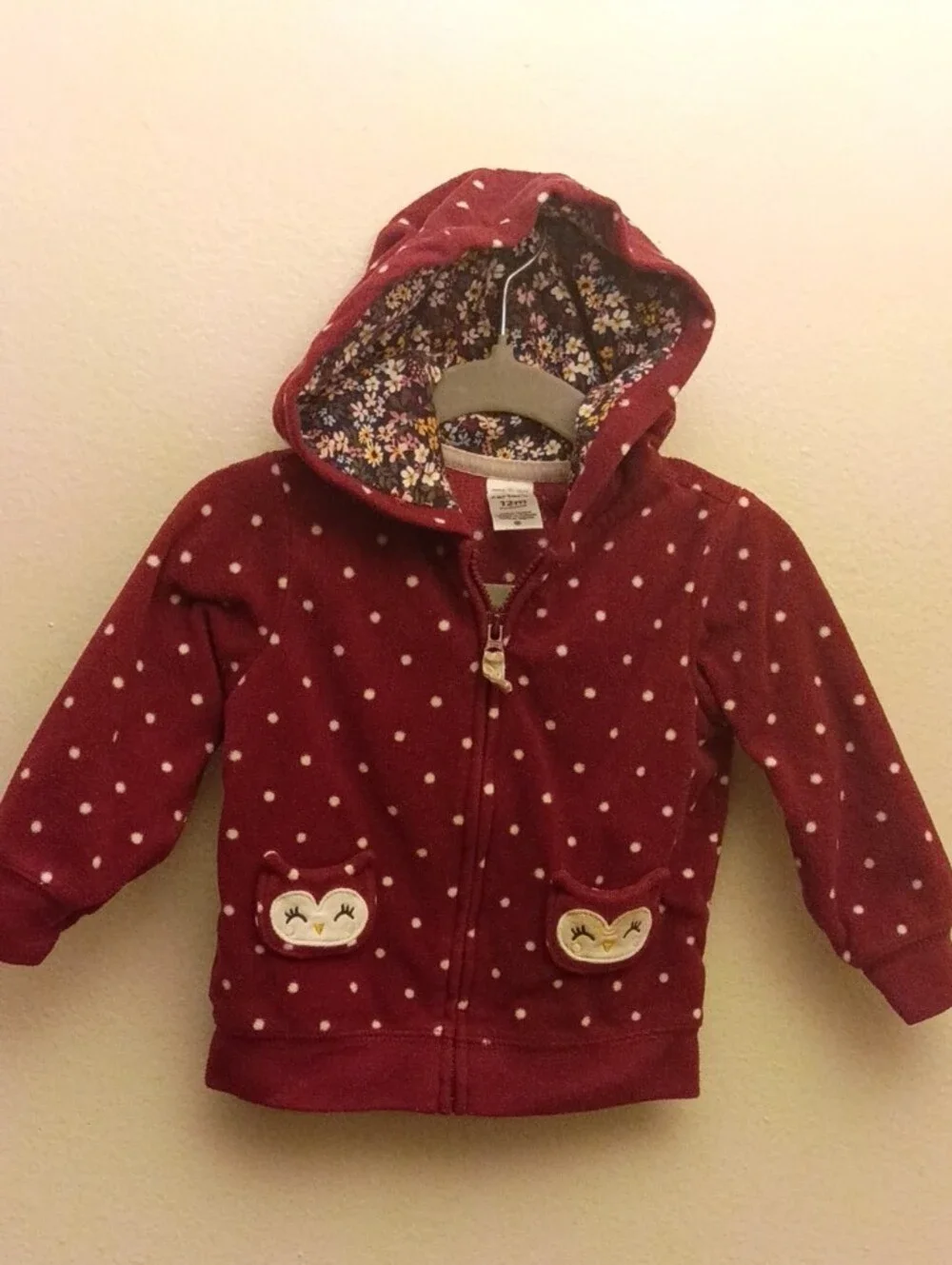 12m Girls' Maroon Polka Dot Fall Hoodie with Owl Pockets